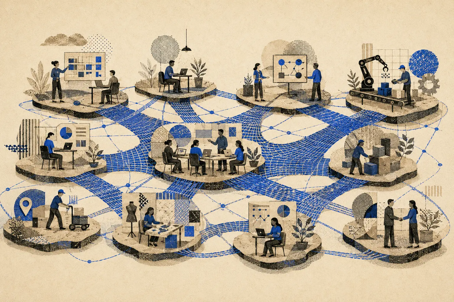 Editorial illustration of separate enterprise workflows joining a shared intelligence foundation