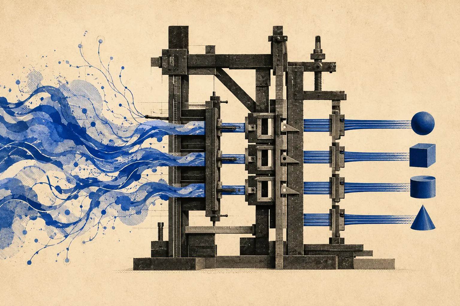 Editorial illustration of deterministic engineering rails governing probabilistic model decisions