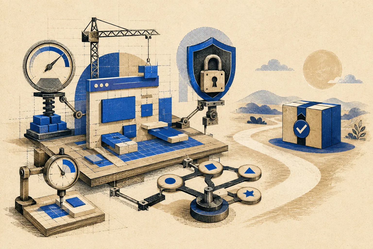 Editorial illustration of performance, security and resilience checks moving into feature development