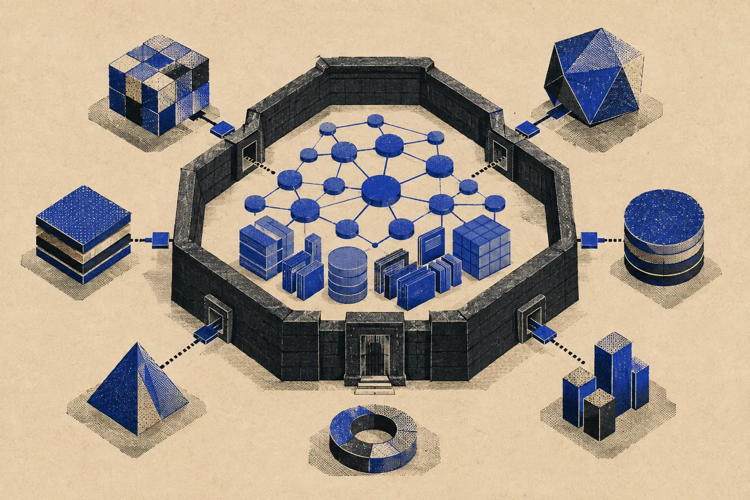 Editorial illustration of enterprise knowledge protected inside a controlled boundary
