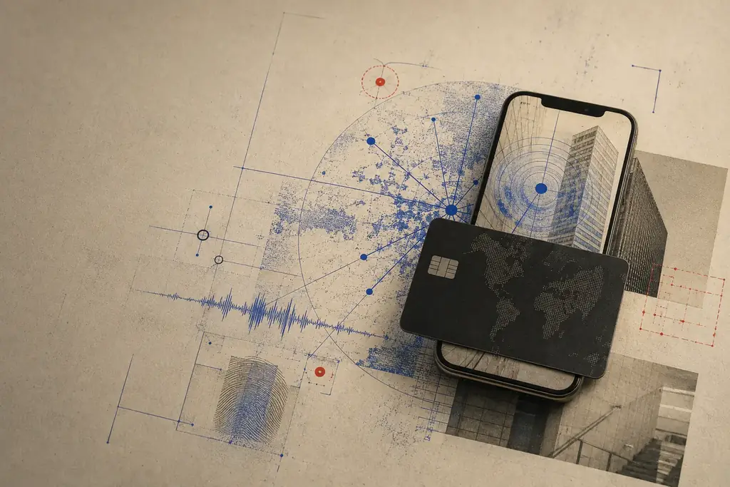 Editorial illustration of financial, identity and device signals connected around a common platform