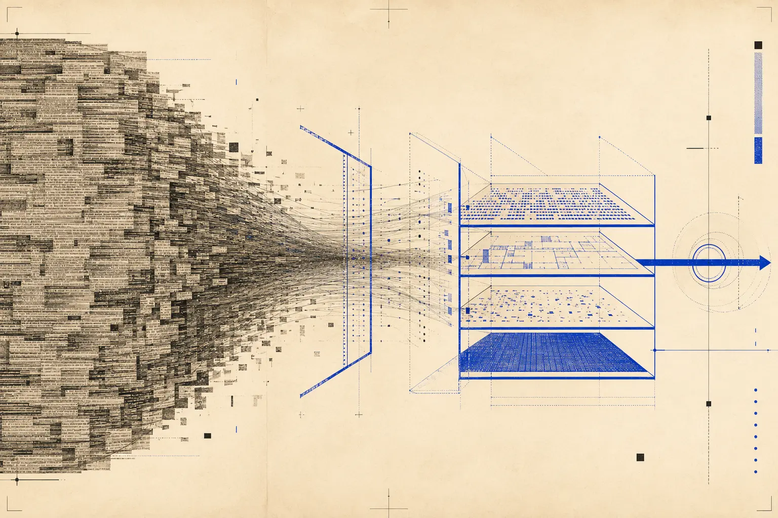 Editorial blueprint transforming a dense legacy codebase into ordered software layers