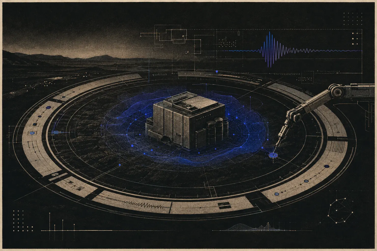 Editorial illustration of a production system encircled by monitoring rails and controlled remediation