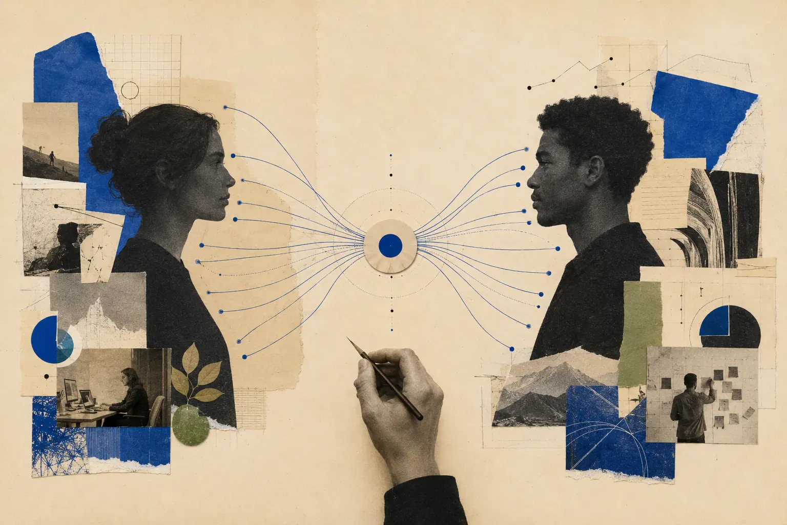 Editorial collage of two people connected through structured evidence and a balanced match