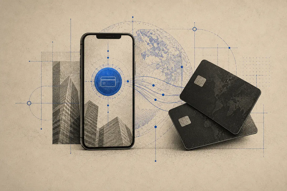 Bank cards and a digital token illustrate in-app wallet provisioning.