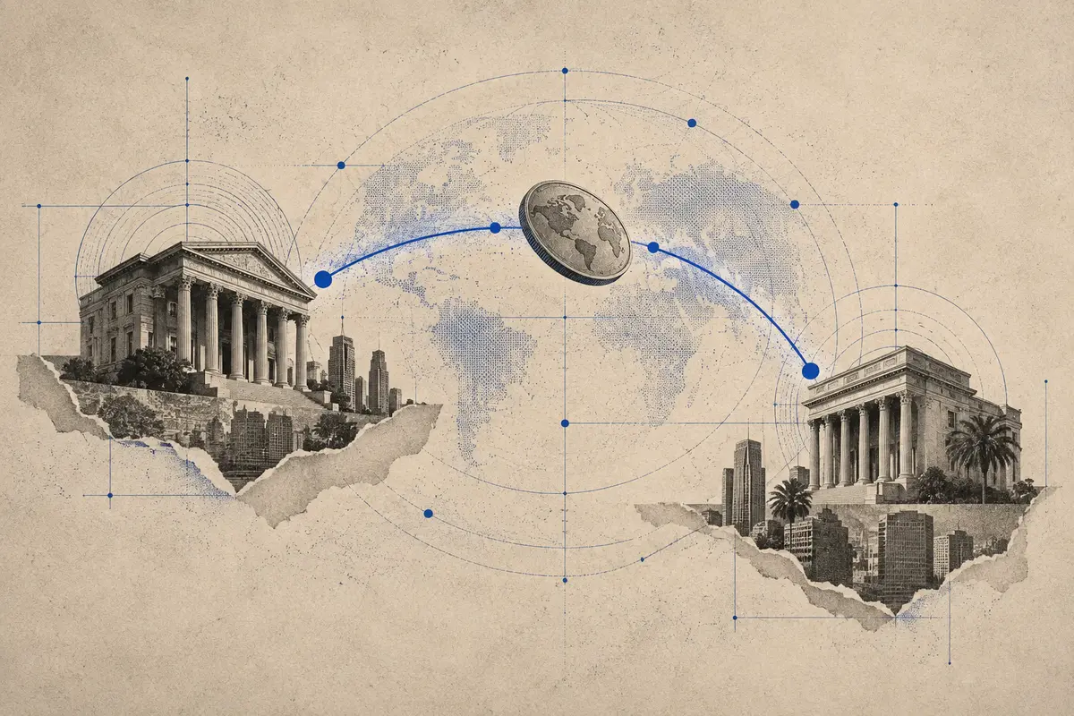 A transfer route connects financial institutions across markets.