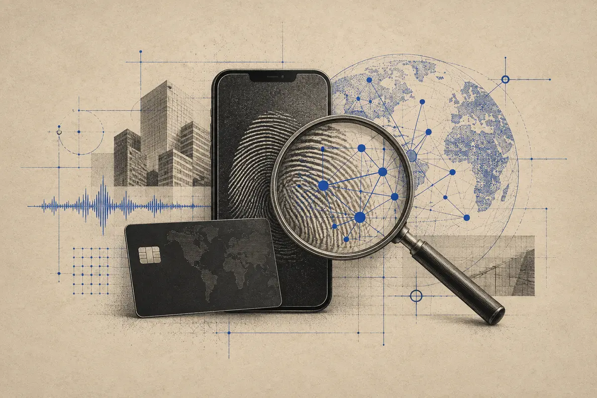 A device, card and connected signals illustrate fraud intelligence.