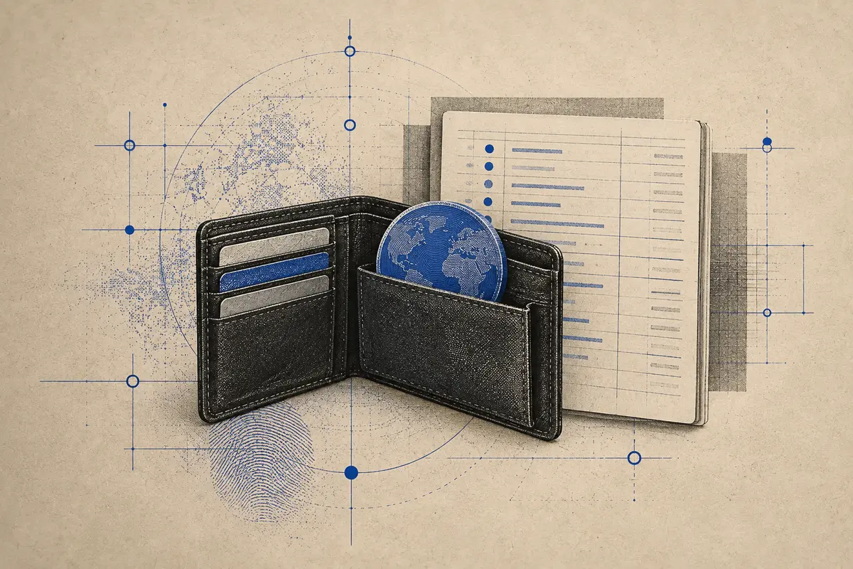 A wallet and ledger illustrate the customer experience and underlying system of record.